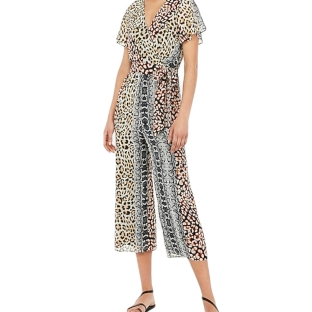 EXPRESS Animal Print Surplice Flutter Sleeve Tie Waist Jumpsuit NWT